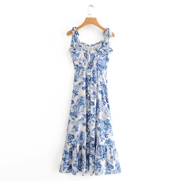 Blue Toile Floral Ruffle Midi Dress by Manu Reformation Nikita Olympia Size 4/S - Picture 5 of 16